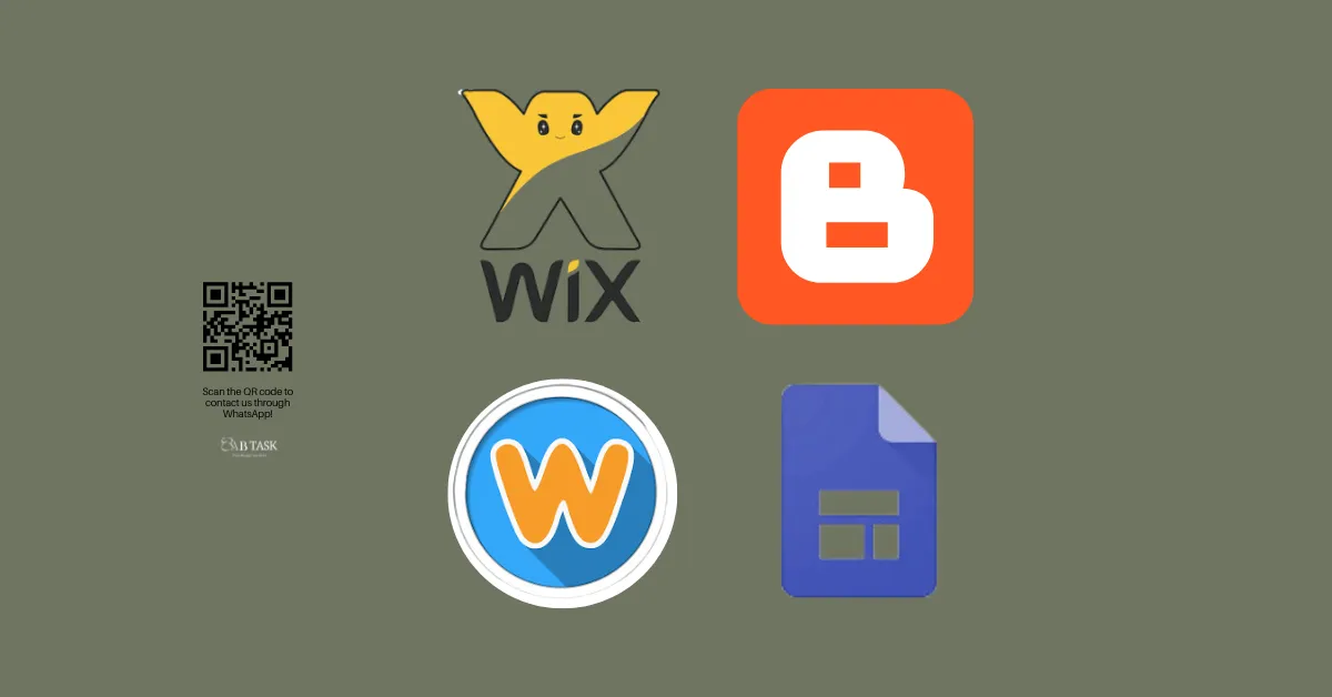 صورة بها 4 ادوات تصميم موقع الكتروني مجاني بلوجر وويبلي وويكس وجوجل سايتس وترمز إلى أفضل 4 أدوات تصميم موقع إلكتروني مجاني